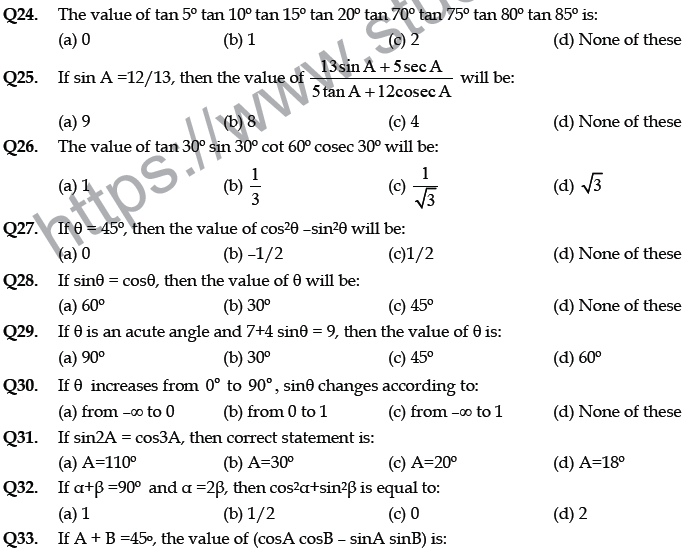 Cbse Class 10 Mathematics Application Of Trigonometry Mcqs Multiple Choice Questions